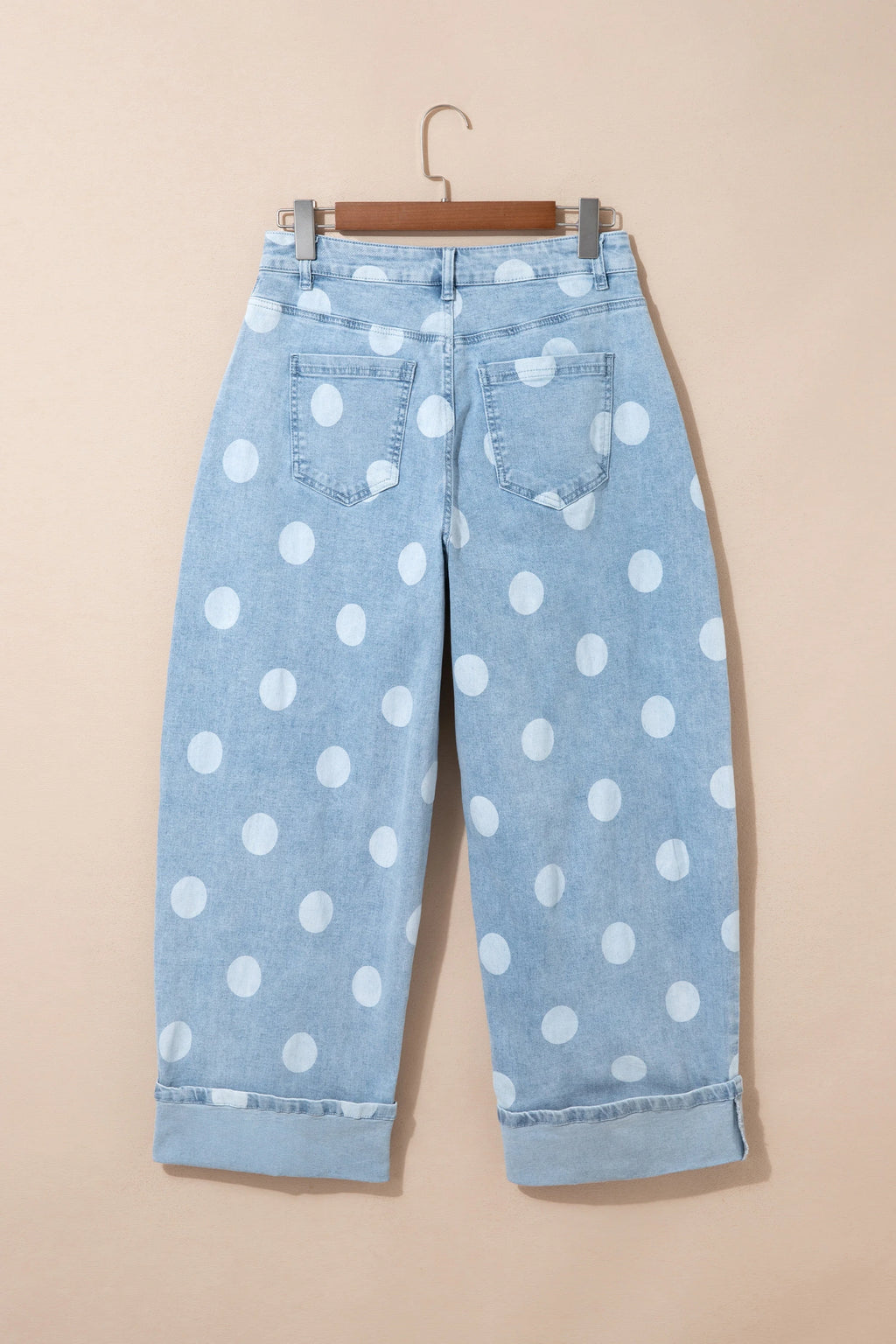 Sky Blue Polka Dot Ankle-Length Metal Button Casual Jeans