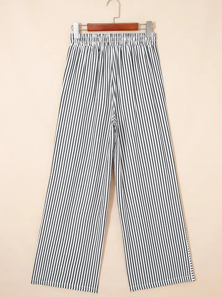 Black Stripe Plus Size Tie Waist Loose Pants