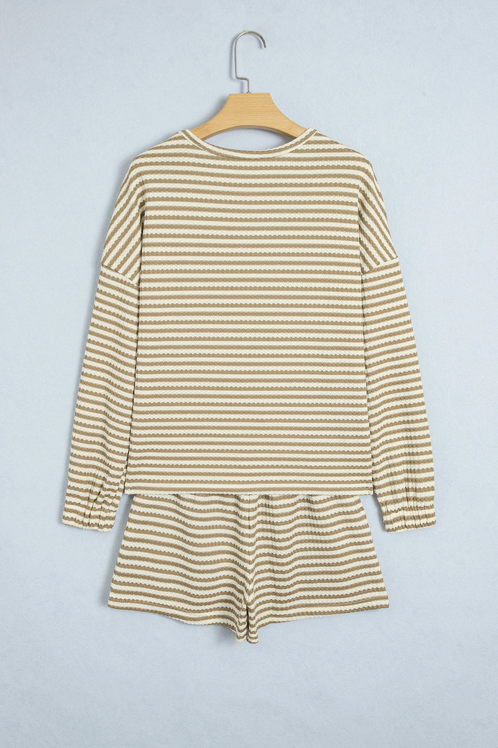 Brown Stripe Textured Knit Long Sleeve Top Elastic Waist Shorts Casual Outfit