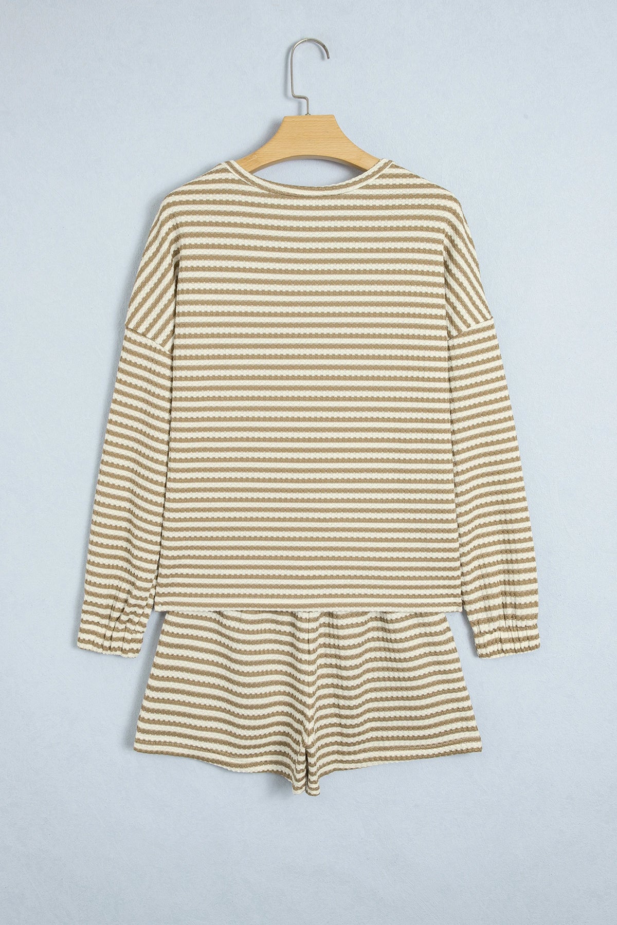 Brown Stripe Textured Knit Long Sleeve Top Elastic Waist Shorts Casual Outfit
