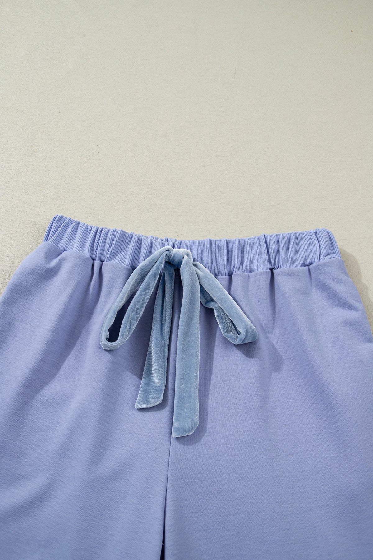 Beau Blue Flounce Long Sleeve Top Drawstring Pants Contrast Velvet Bow Knot Lounge Set