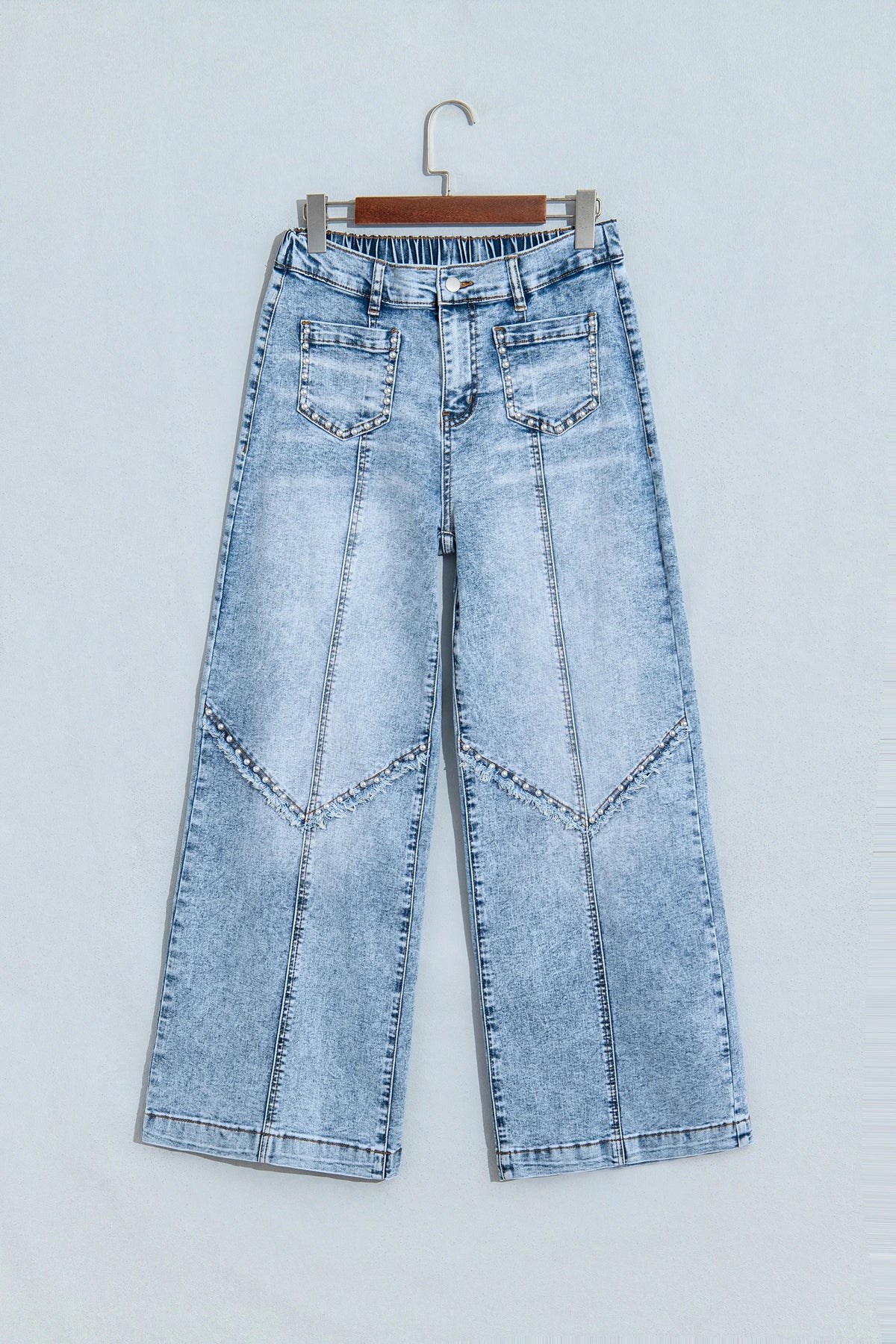 Beau Blue Frayed Studded Detail Wide Leg Pocketed Jeans