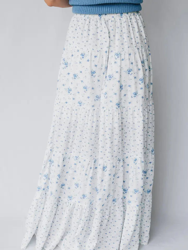 Sky Blue High Waist Tiny Floral Print Boho Maxi Skirt