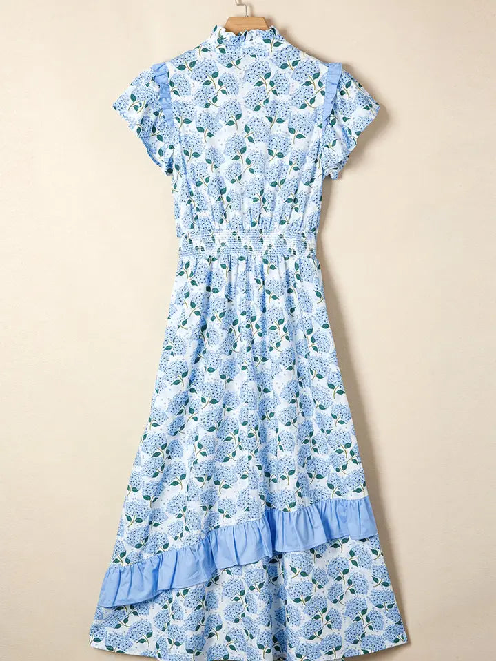 Floral Ruffle Trim Flutter Sleeve Maxi Dress