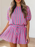 Pink Stripe Puff Sleeve Two Piece Shorts Set