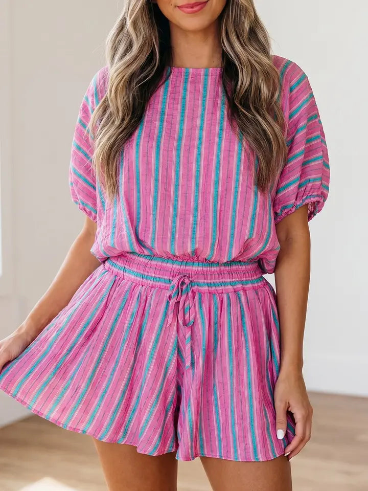 Pink Stripe Puff Sleeve Two Piece Shorts Set