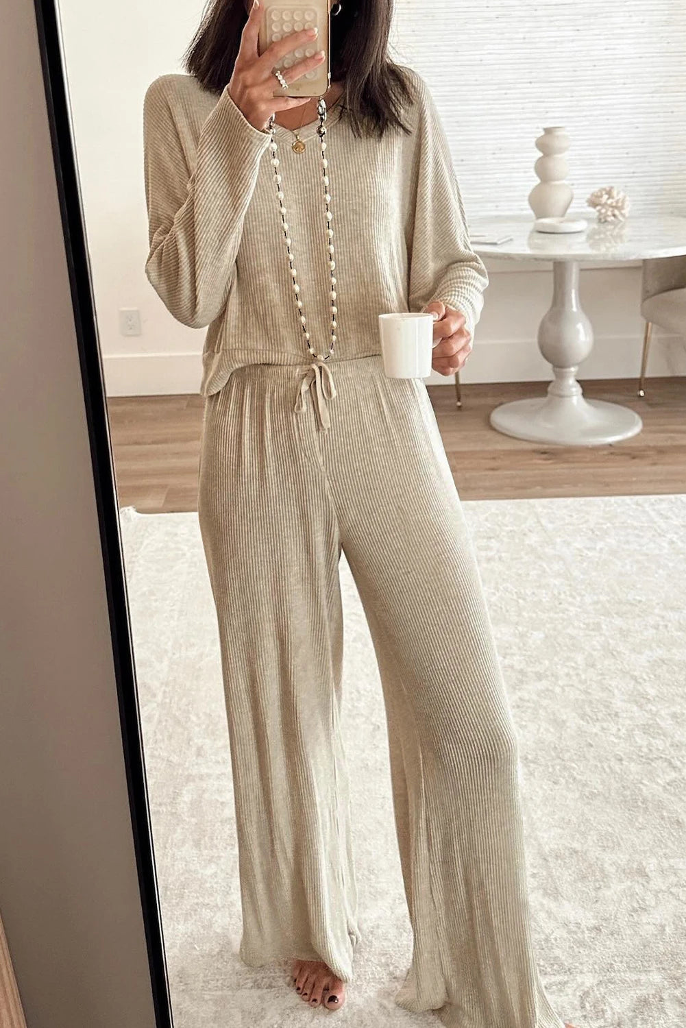 Jet Stream 3D Ribbed V Neck Pullover Drawstring Pants Lounge Set