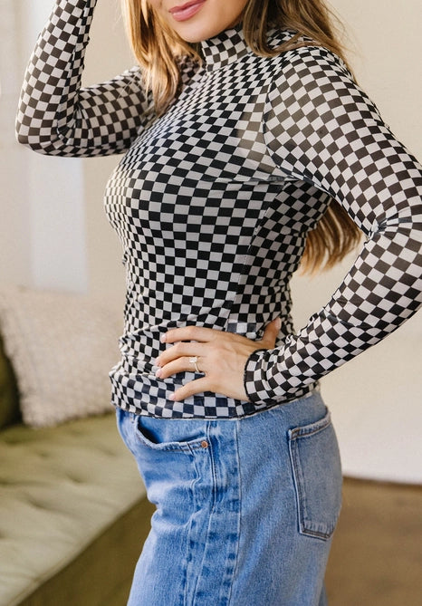 Plaid Stand Neck Long Sleeve Mesh Layering Top
