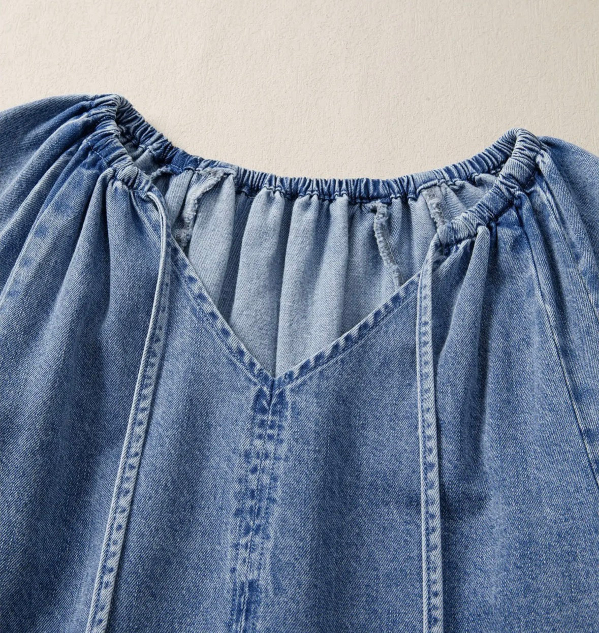 Puff Sleeve V Neck Ruffled Loose Denim Mini Dress