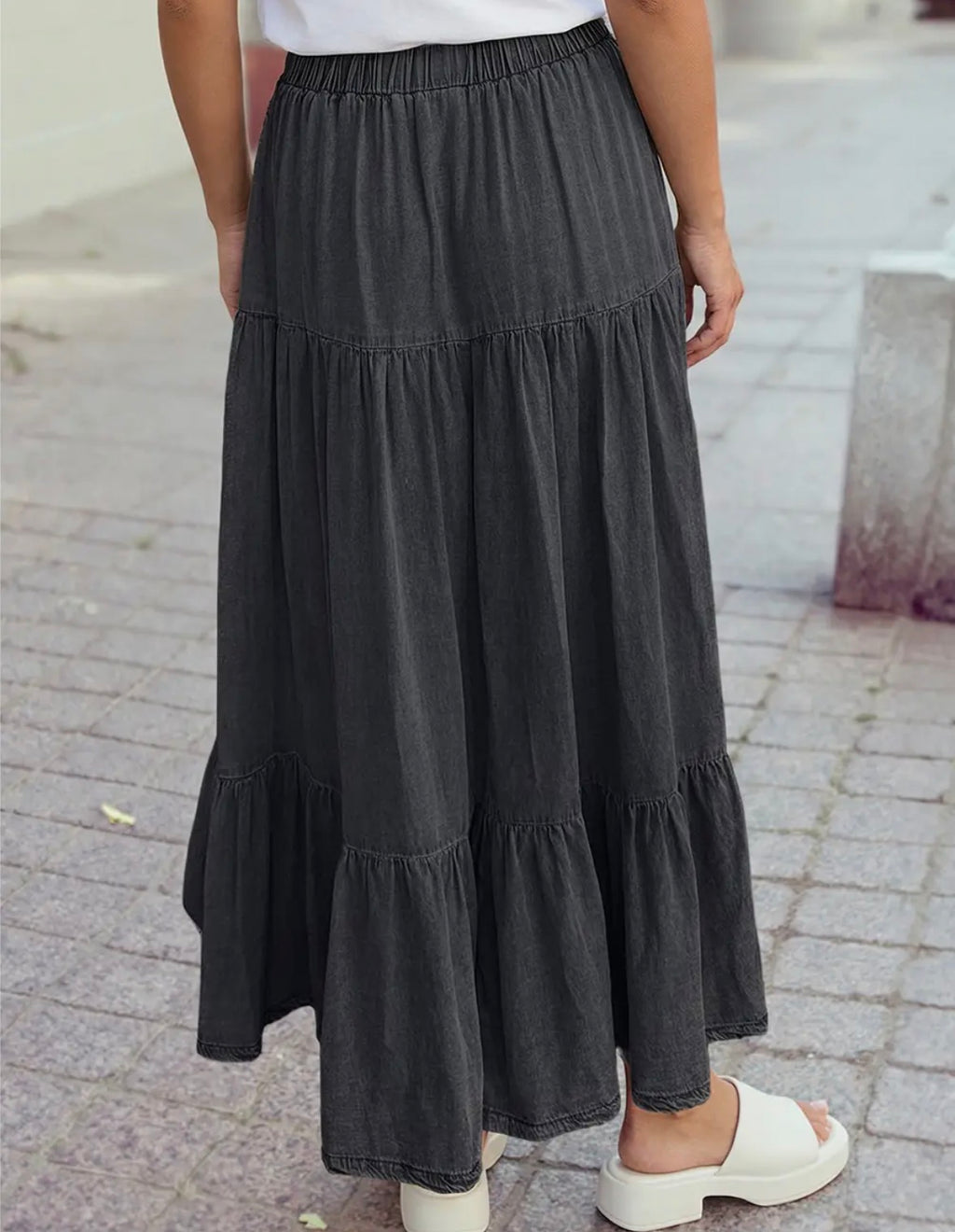 Elastic Waist Ruffled Denim Skirt