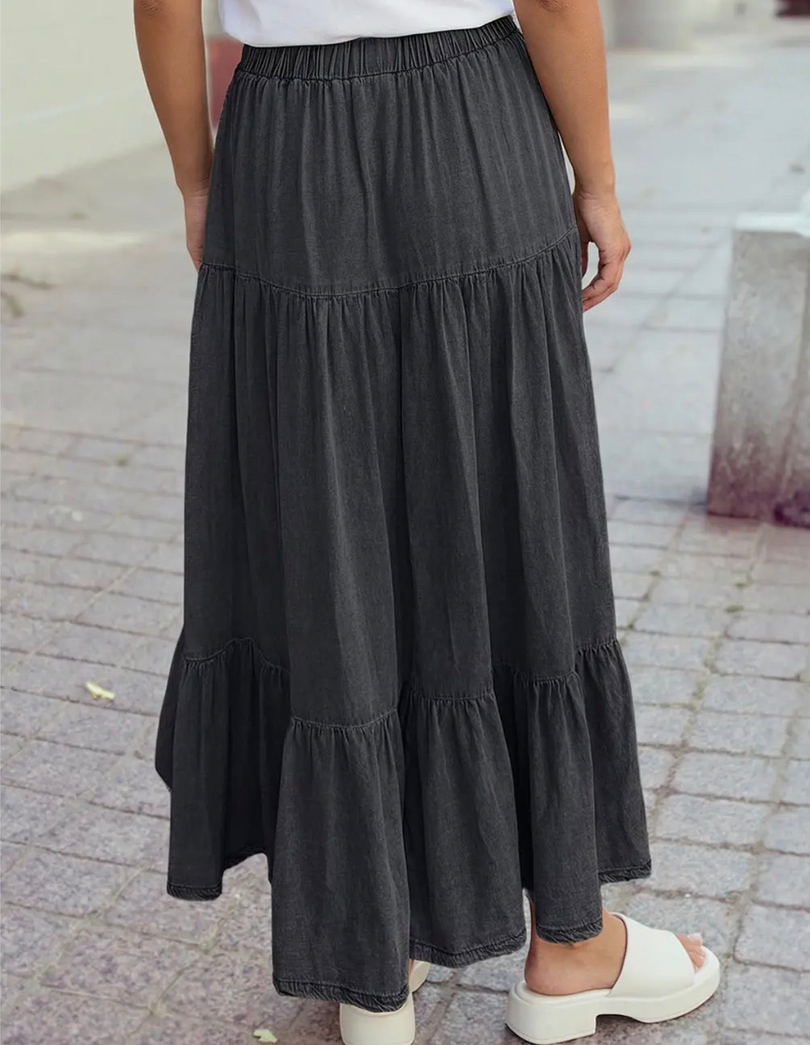 Elastic Waist Ruffled Denim Skirt