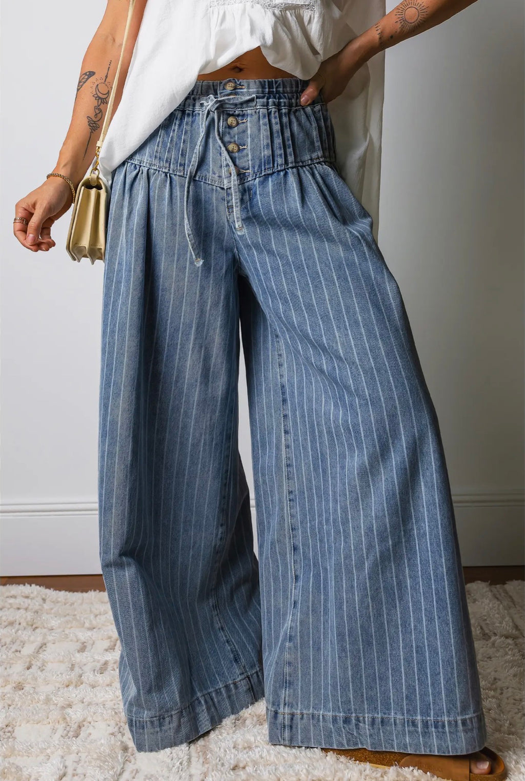Striped Drawstring Wide Leg Jeans