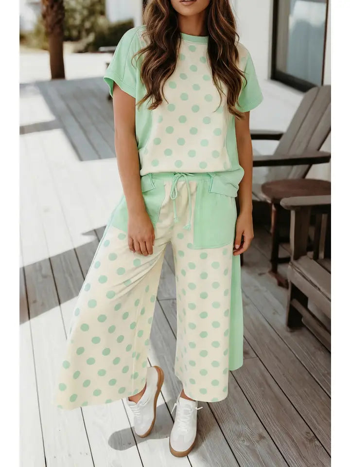 Polka Dot Top and High Waist Pants 2pcs Set