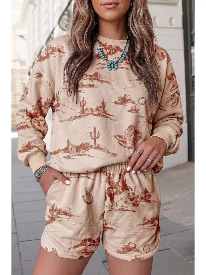 Western Print Crewneck Loose Fit Top Shorts Set