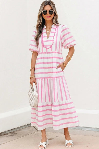 Stripe Ricrac Trim V Neck Half Sleeve Maxi Dress