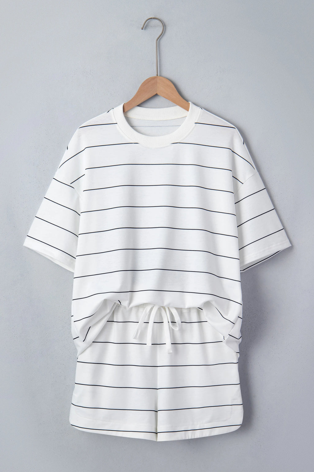 White Stripe Half Sleeve Tee Drawstring Shorts 2pcs Set