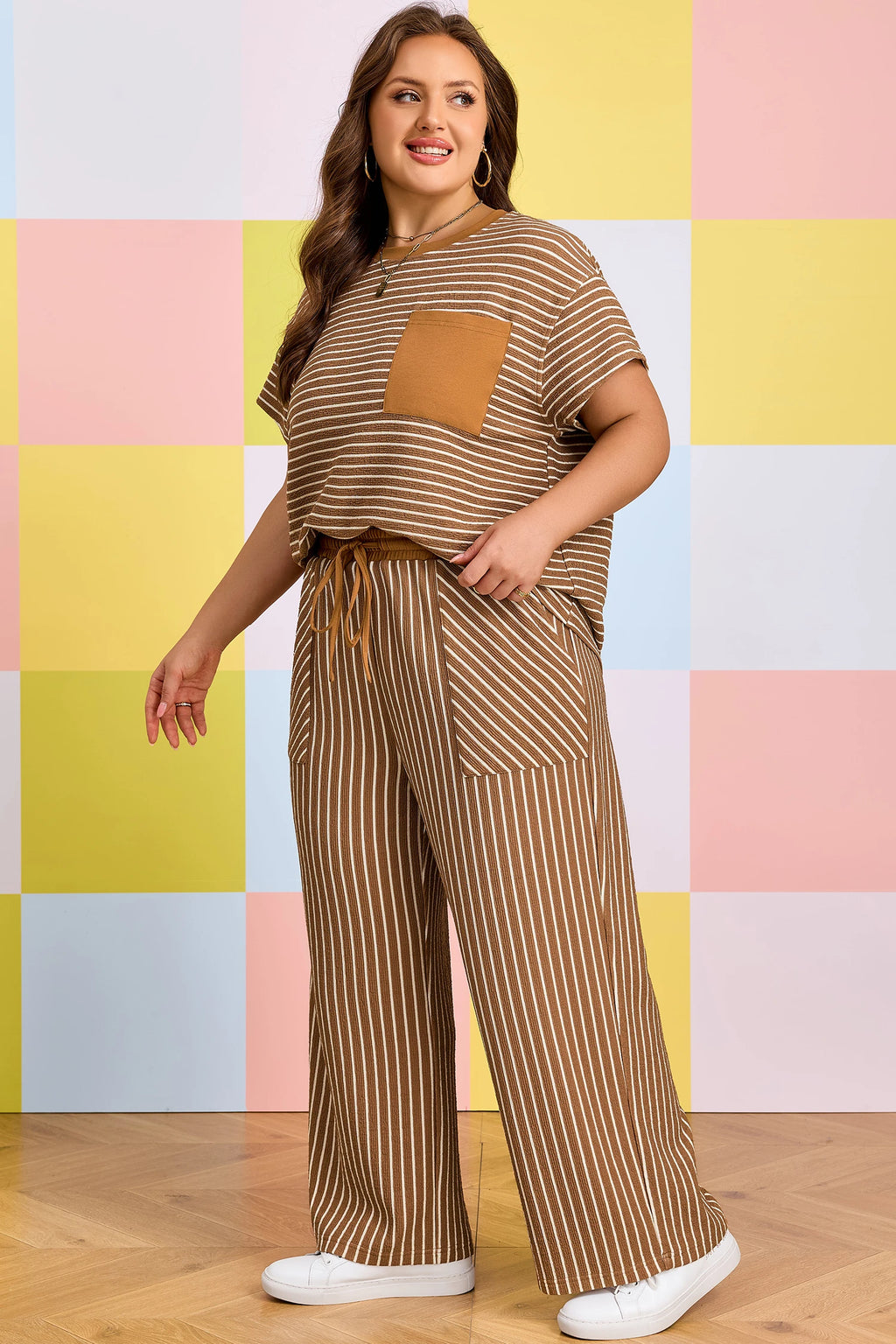 Khaki Stripe Crew Neck Tee Drawstring Waist Cropped Pants Set