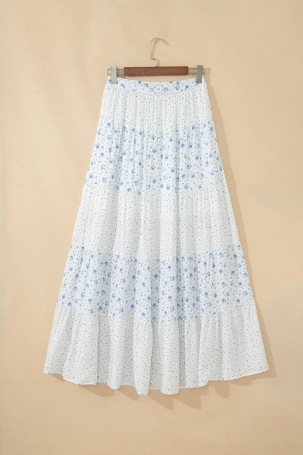 Sky Blue High Waist Tiny Floral Print Boho Maxi Skirt