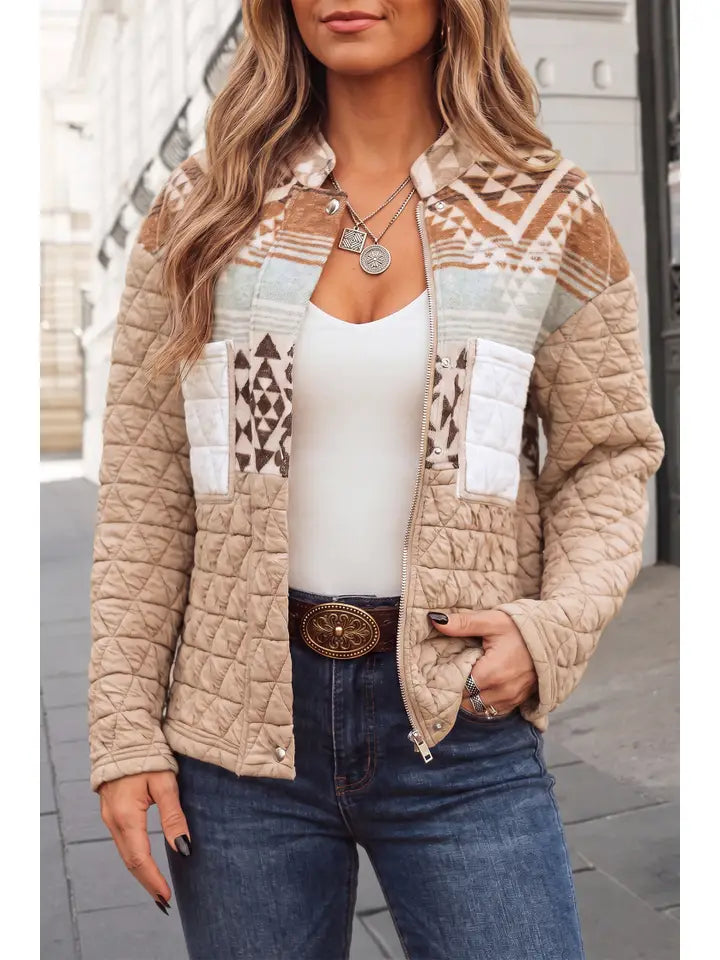 Fashion Western Patchwork Mock Neck Jacket