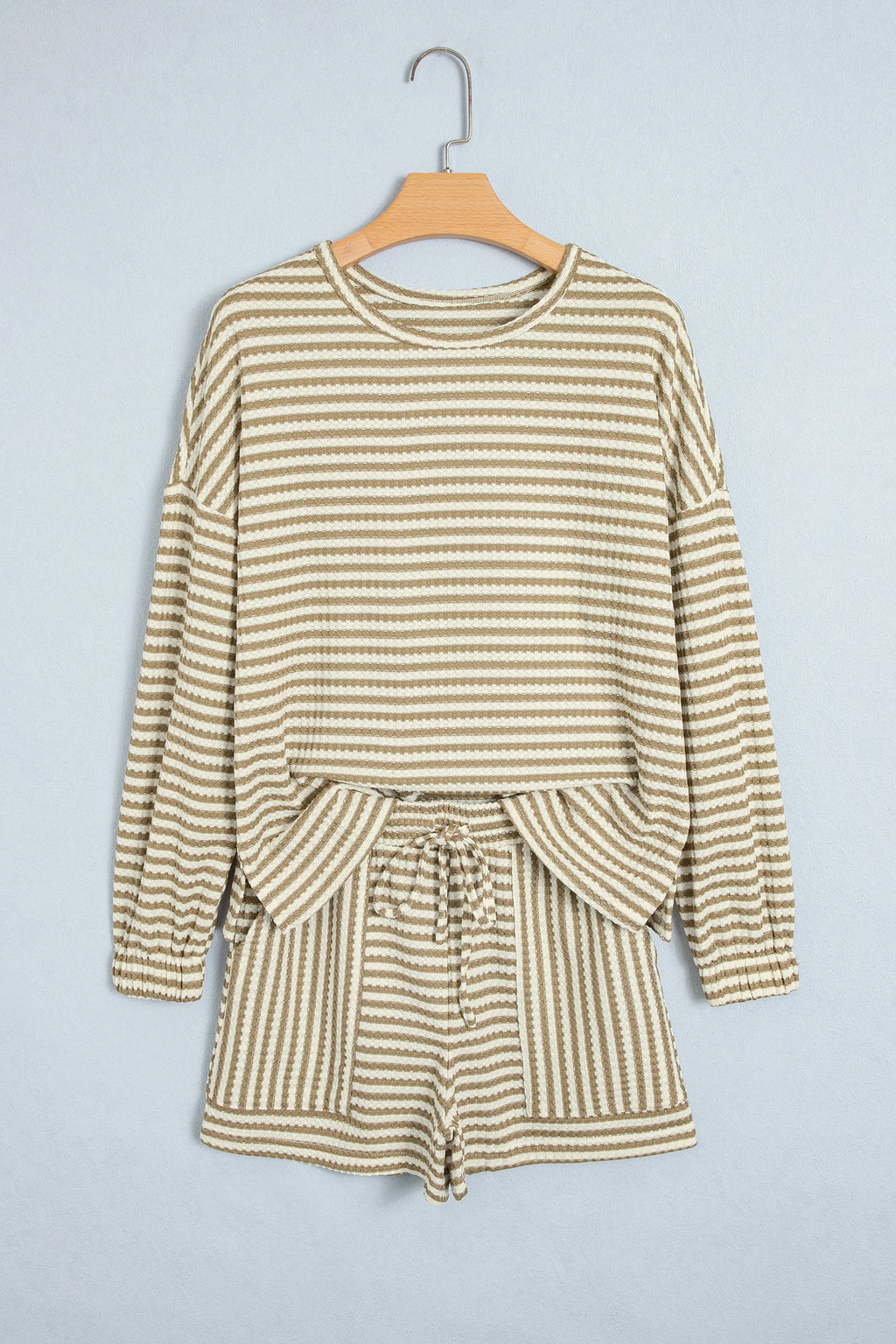 Brown Stripe Textured Knit Long Sleeve Top Elastic Waist Shorts Casual Outfit