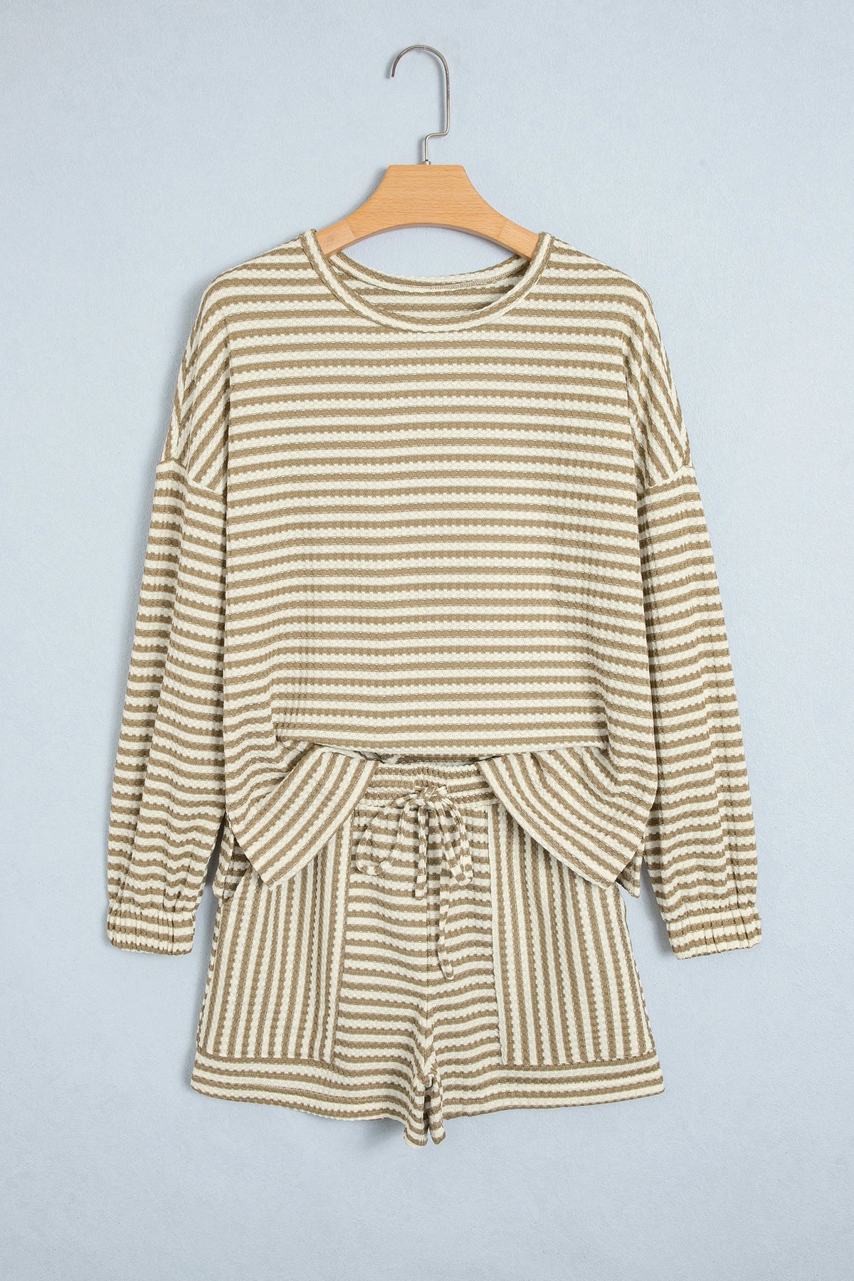 Brown Stripe Textured Knit Long Sleeve Top Elastic Waist Shorts Casual Outfit
