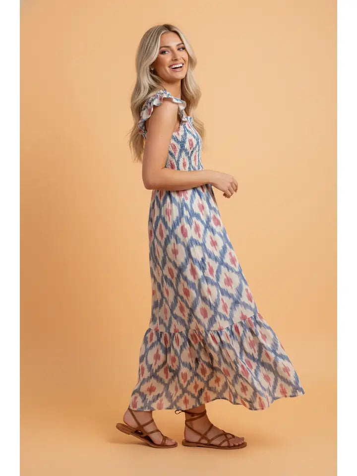 Boho Geometric Smocked Square Neck Ruffle Dress