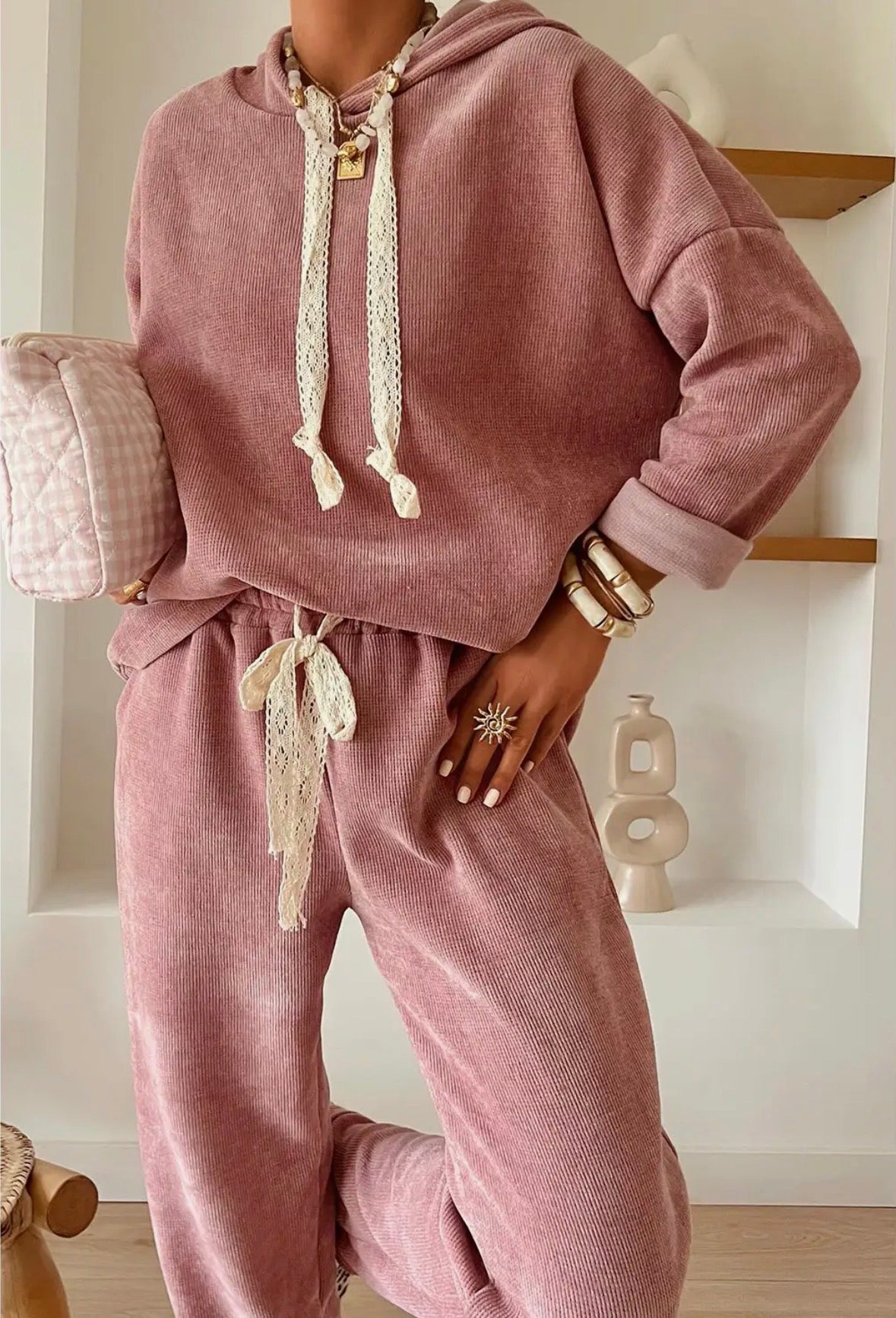 Drawstring Pullover Hoodie and High Waist Pants Corduroy Set