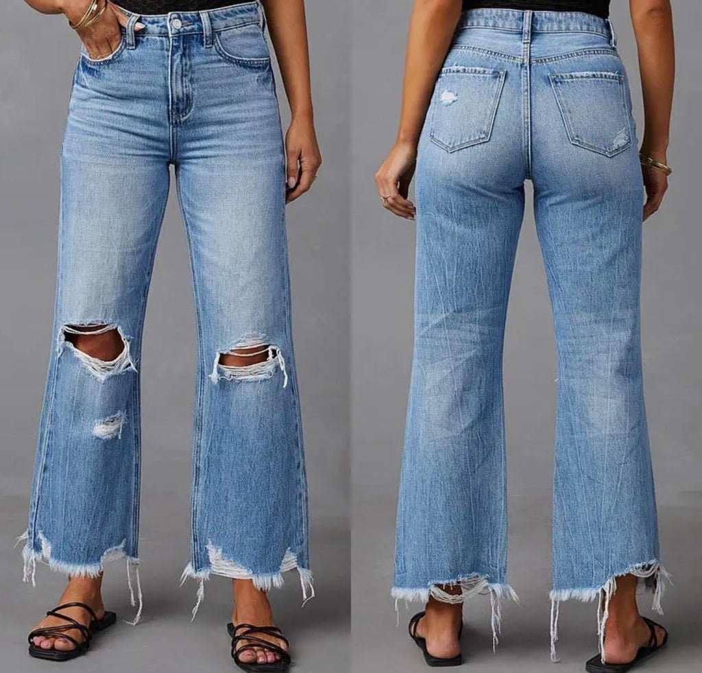 High-Waisted Distressed Denim Wide Leg Pants