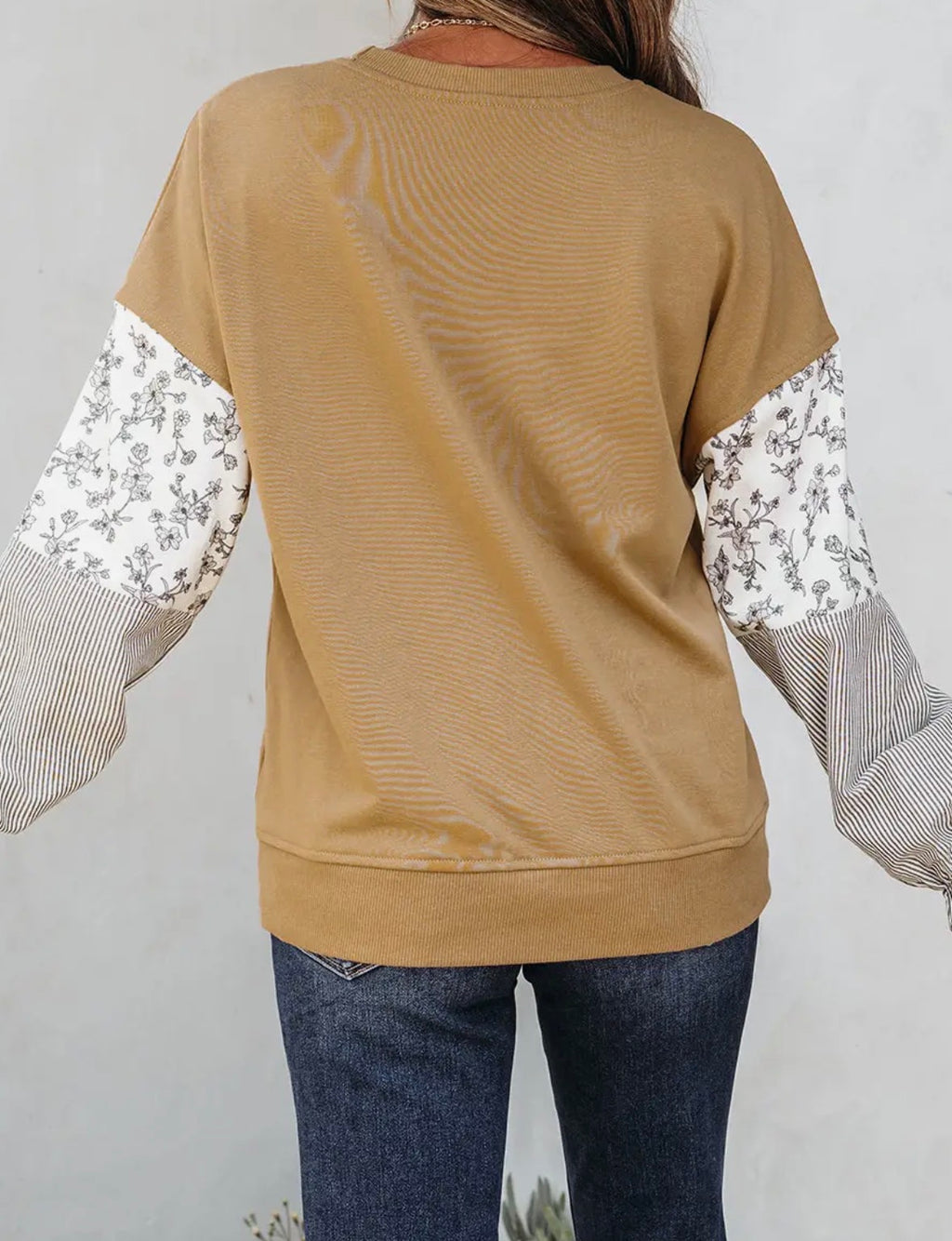 Floral Stripe Patchwork Crew Neck Sweatshirt