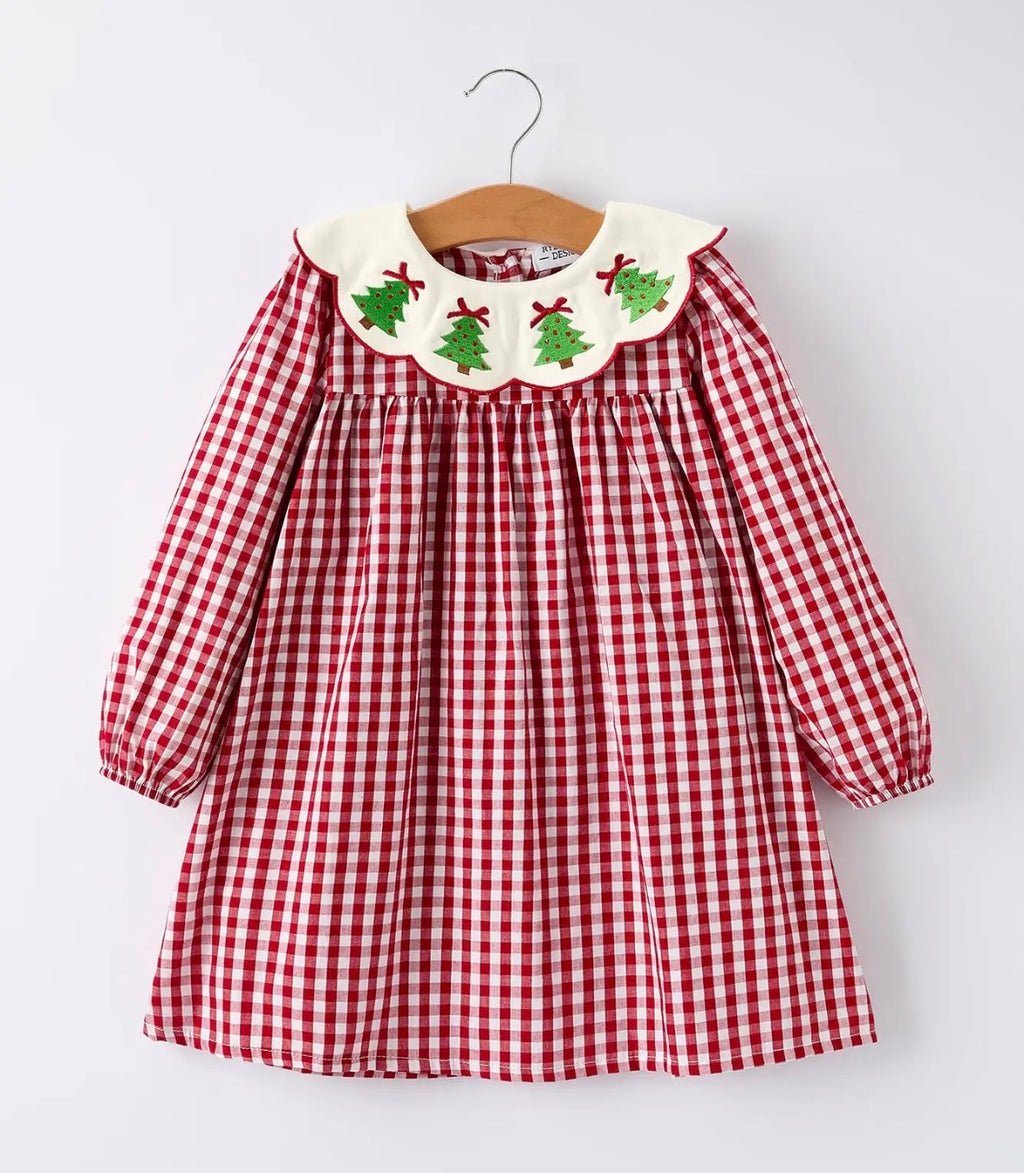 Christmas Embroidered Christmas Tree Plaid Girls Dress