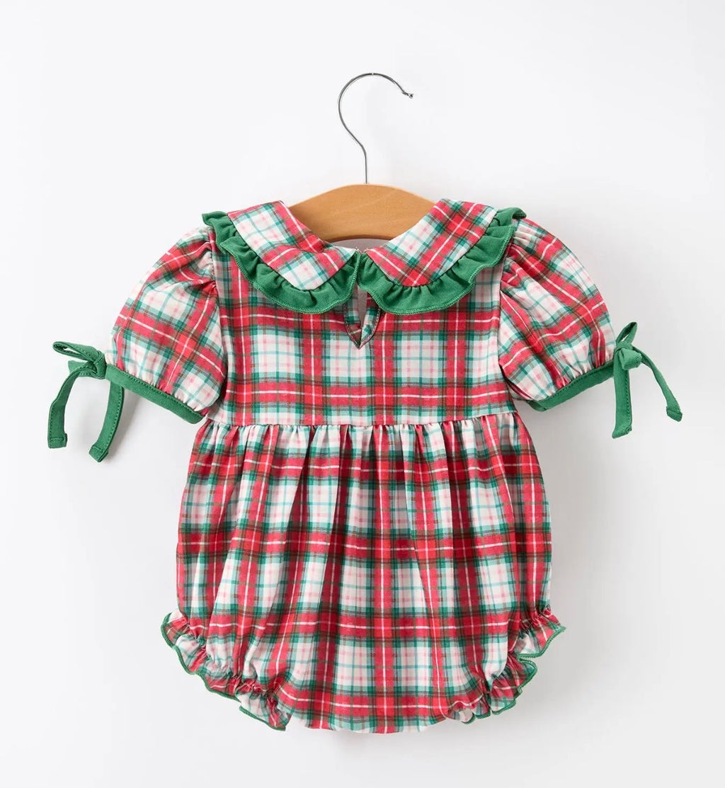 Christmas Tree Plaid Girls Romper Petals Collar Ruffle