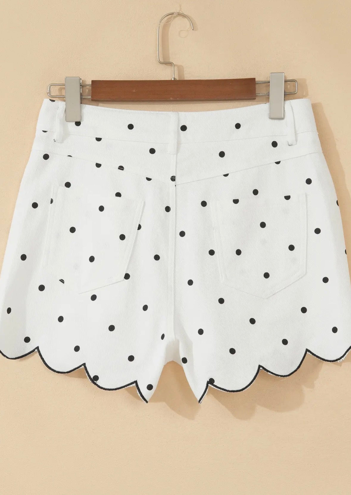 Polka Dot Denim Embroidered Scallop Hem Shorts