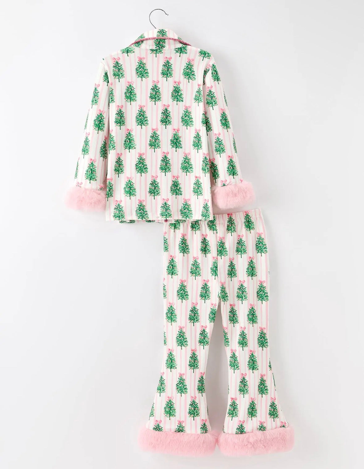 Mommy and Me Christmas Tree Print Pajama Set with Faux Fur Trim