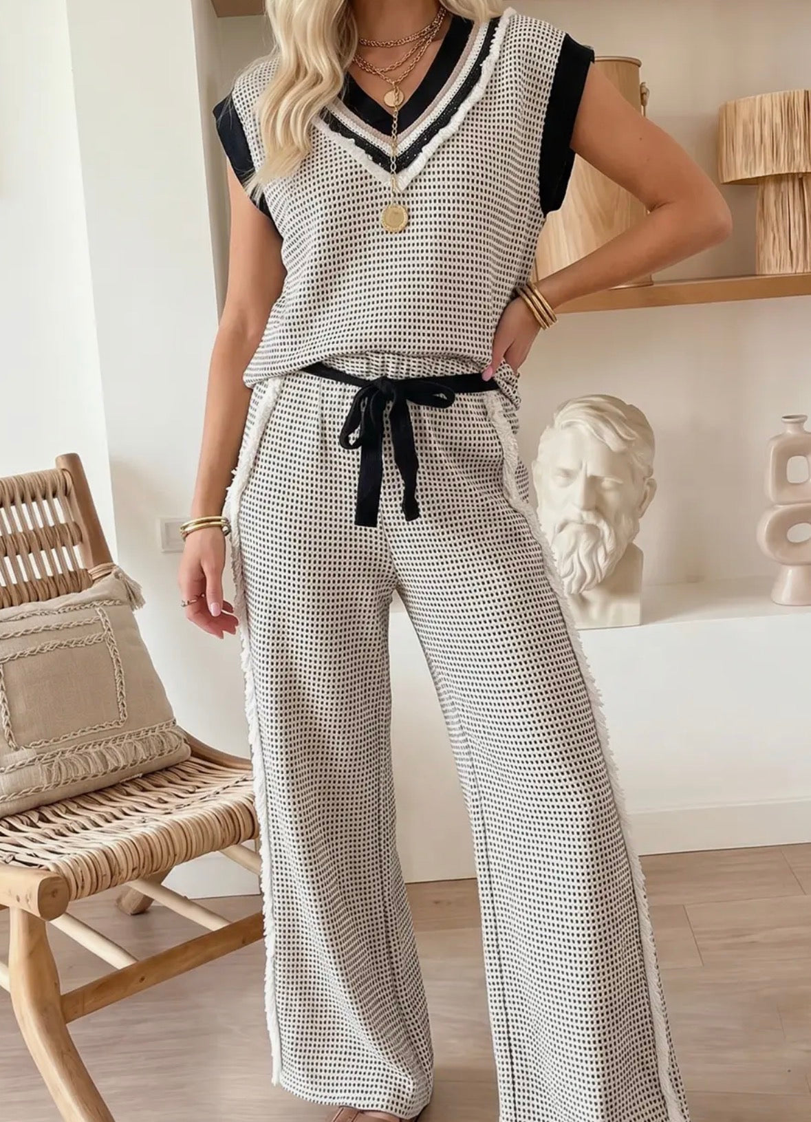 Stylish Knit V Neck Tank and Wide Leg Pants Set