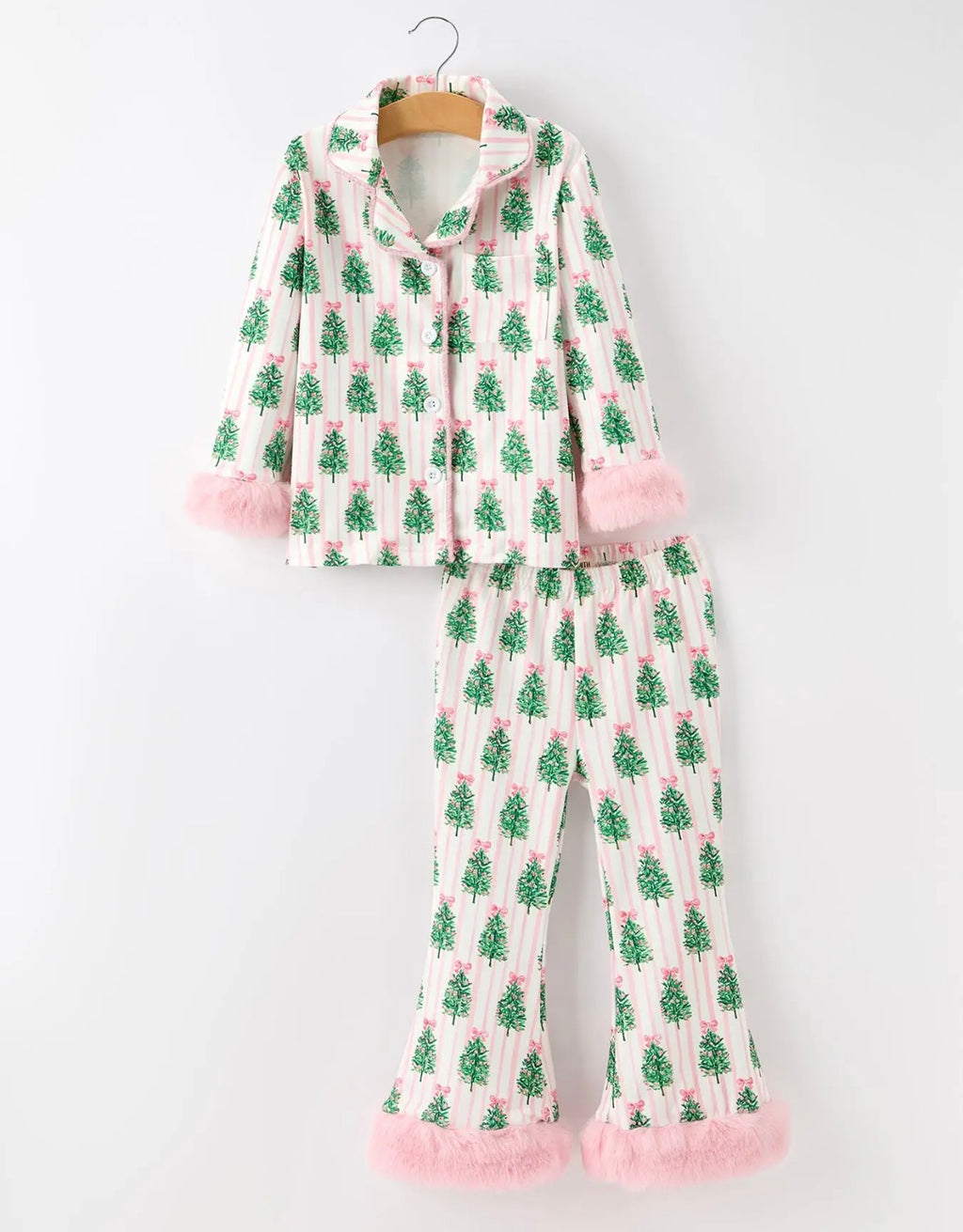 Mommy and Me Christmas Tree Print Pajama Set with Faux Fur Trim