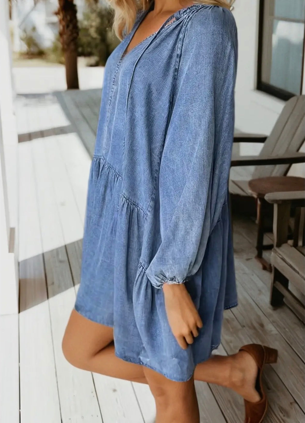 Puff Sleeve V Neck Ruffled Loose Denim Mini Dress