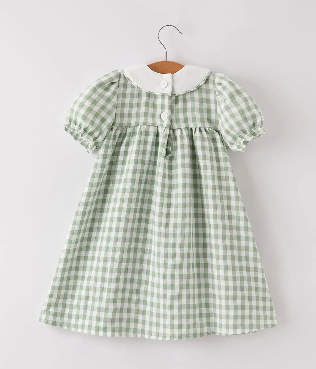 Fall Pumpkin Applique Plaid Green Girls Dress