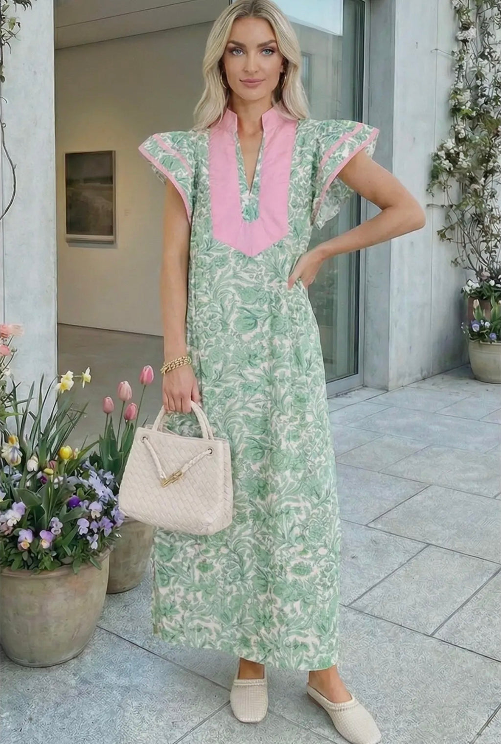 Contrast Trim Flutter Sleeve Floral Dress