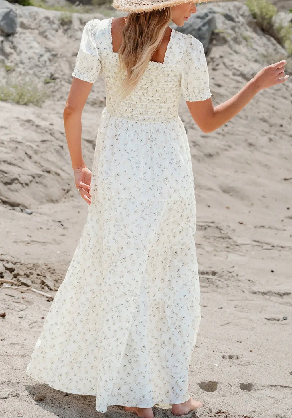 Robin Frilly Shirred Bodice Tiered Floral Maxi Dress