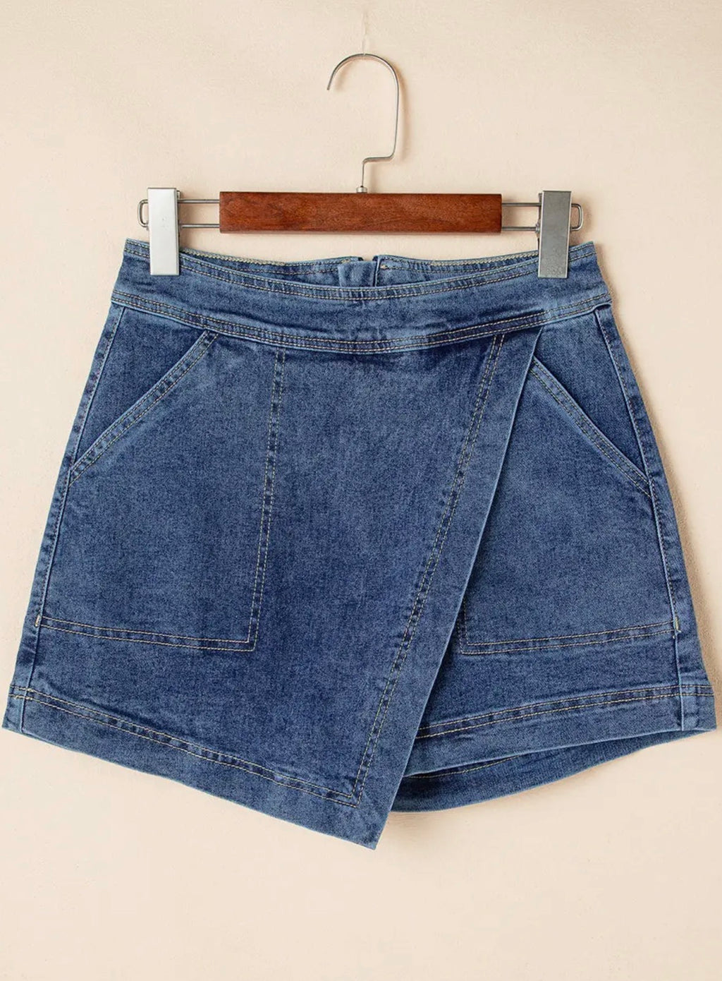 Solid Denim Faux Wrap Mini Skort
