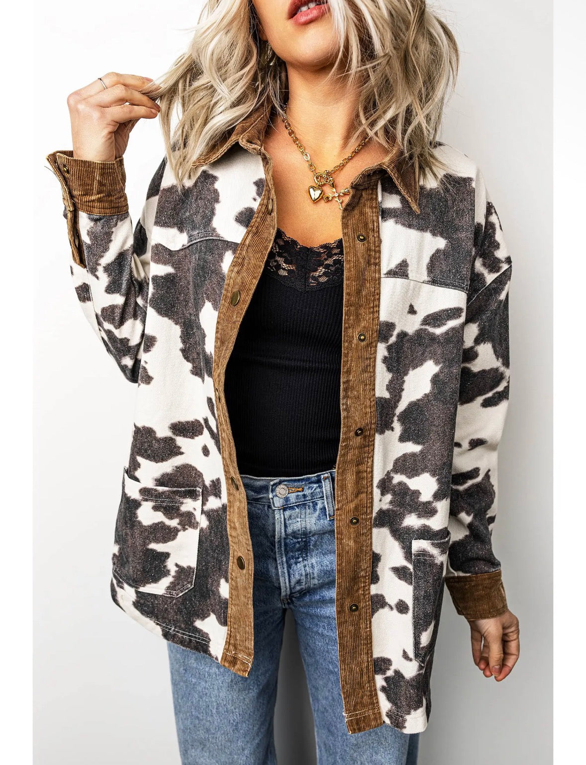 Western Cow Print Denim Shacket