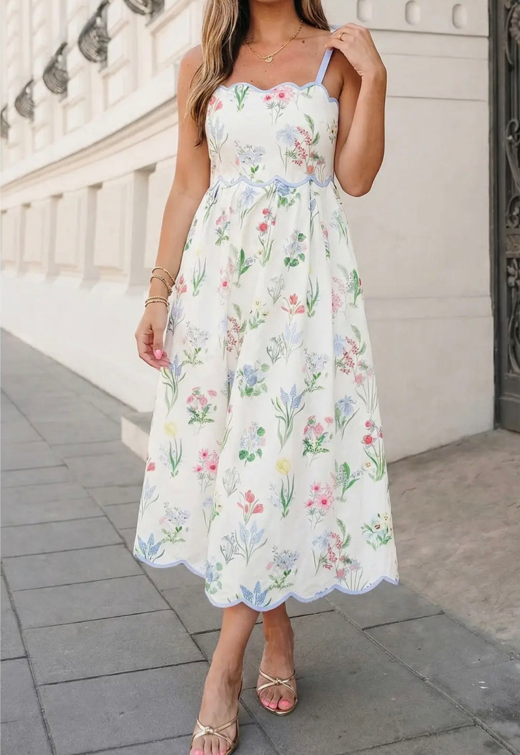 Floral Print Tied Straps High Waist Midi Dress