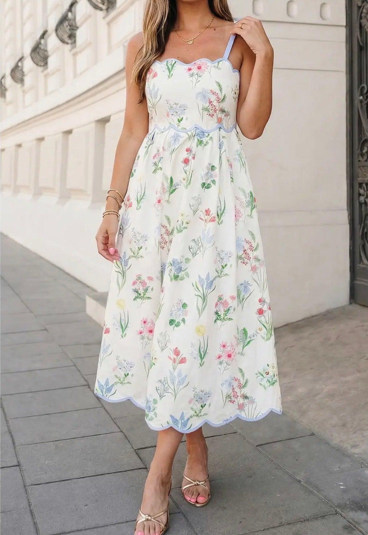 Floral Print Tied Straps High Waist Midi Dress