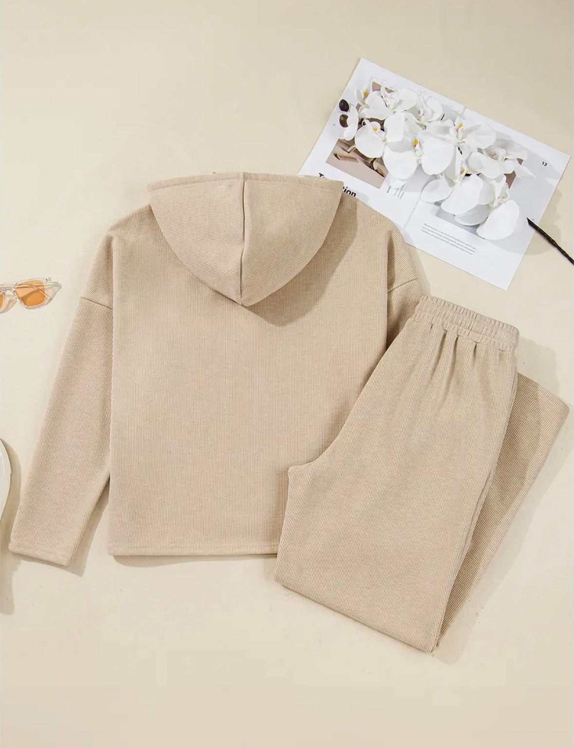 Drawstring Pullover Hoodie and High Waist Pants Corduroy Set
