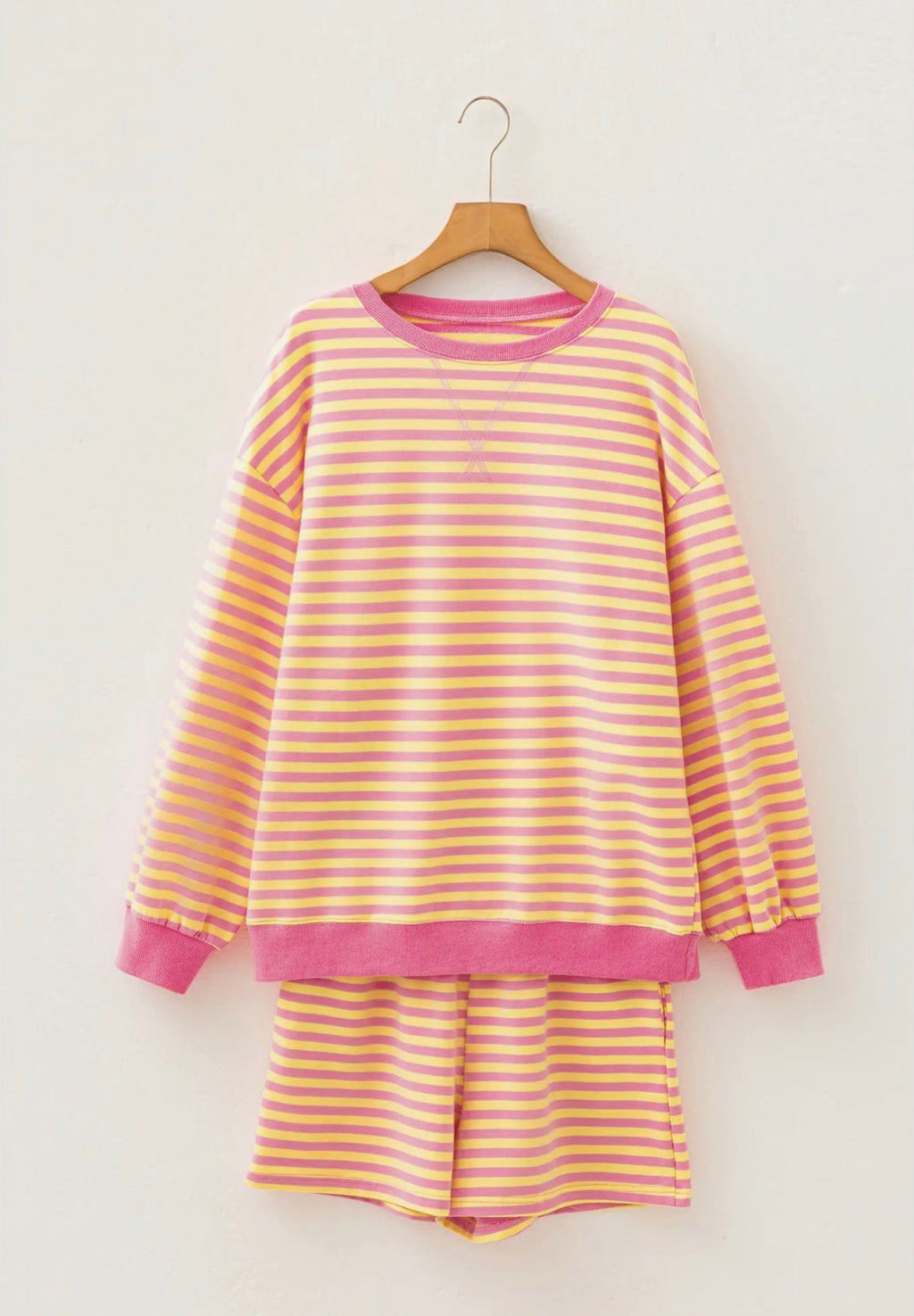 Stripe Trim Round Neck Long Sleeve Top Shorts Set