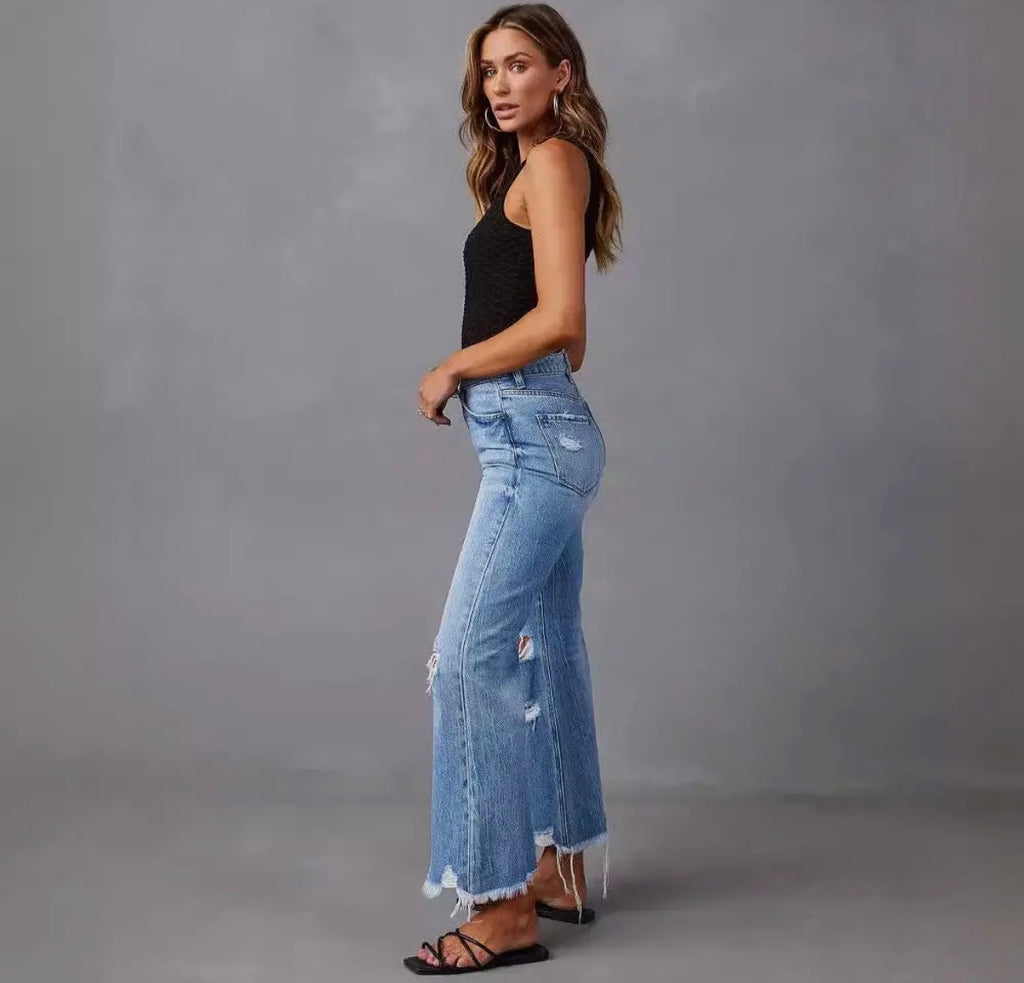 High-Waisted Distressed Denim Wide Leg Pants