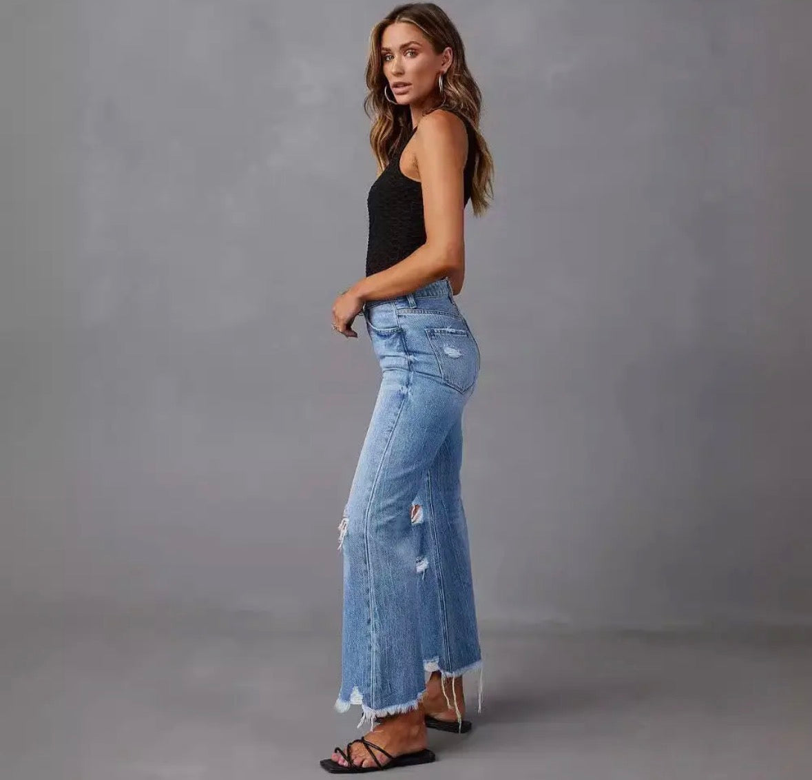 High-Waisted Distressed Denim Wide Leg Pants