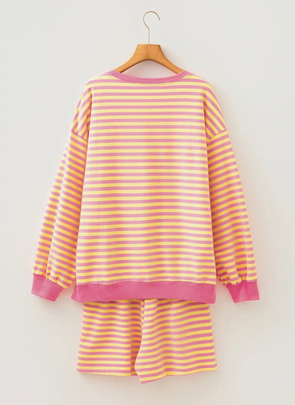 Stripe Trim Round Neck Long Sleeve Top Shorts Set