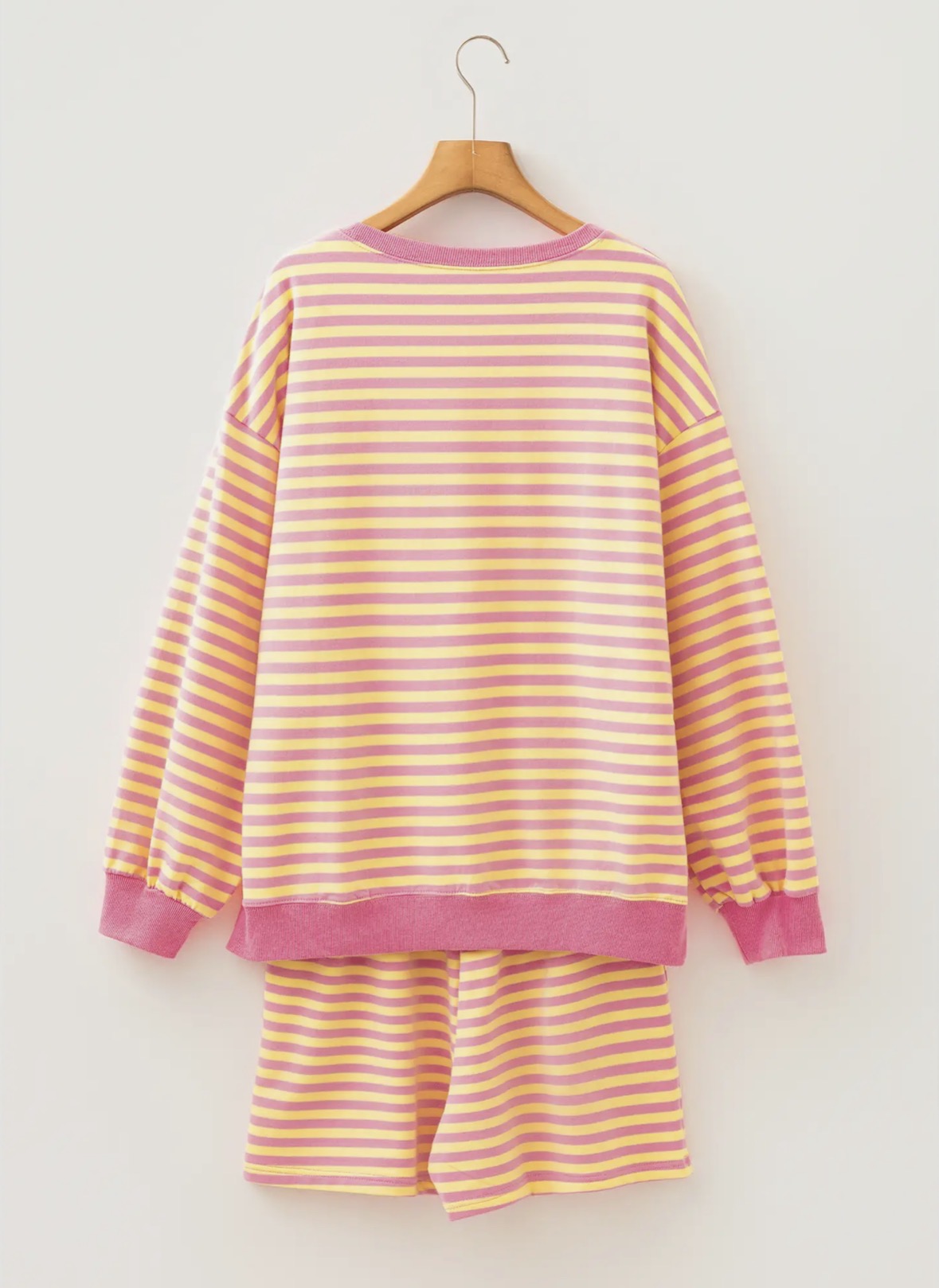 Stripe Trim Round Neck Long Sleeve Top Shorts Set