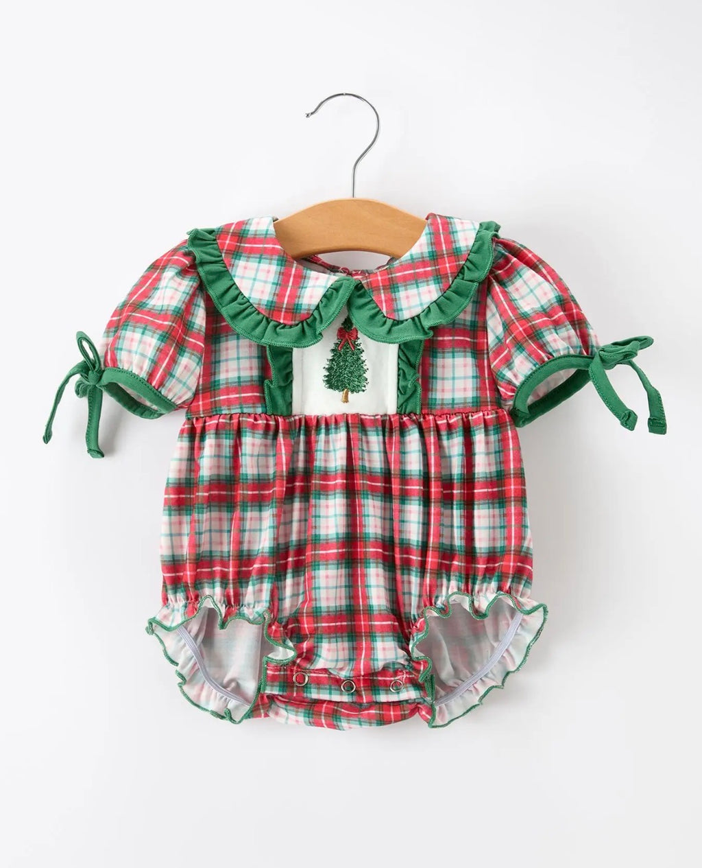 Christmas Tree Plaid Girls Romper Petals Collar Ruffle